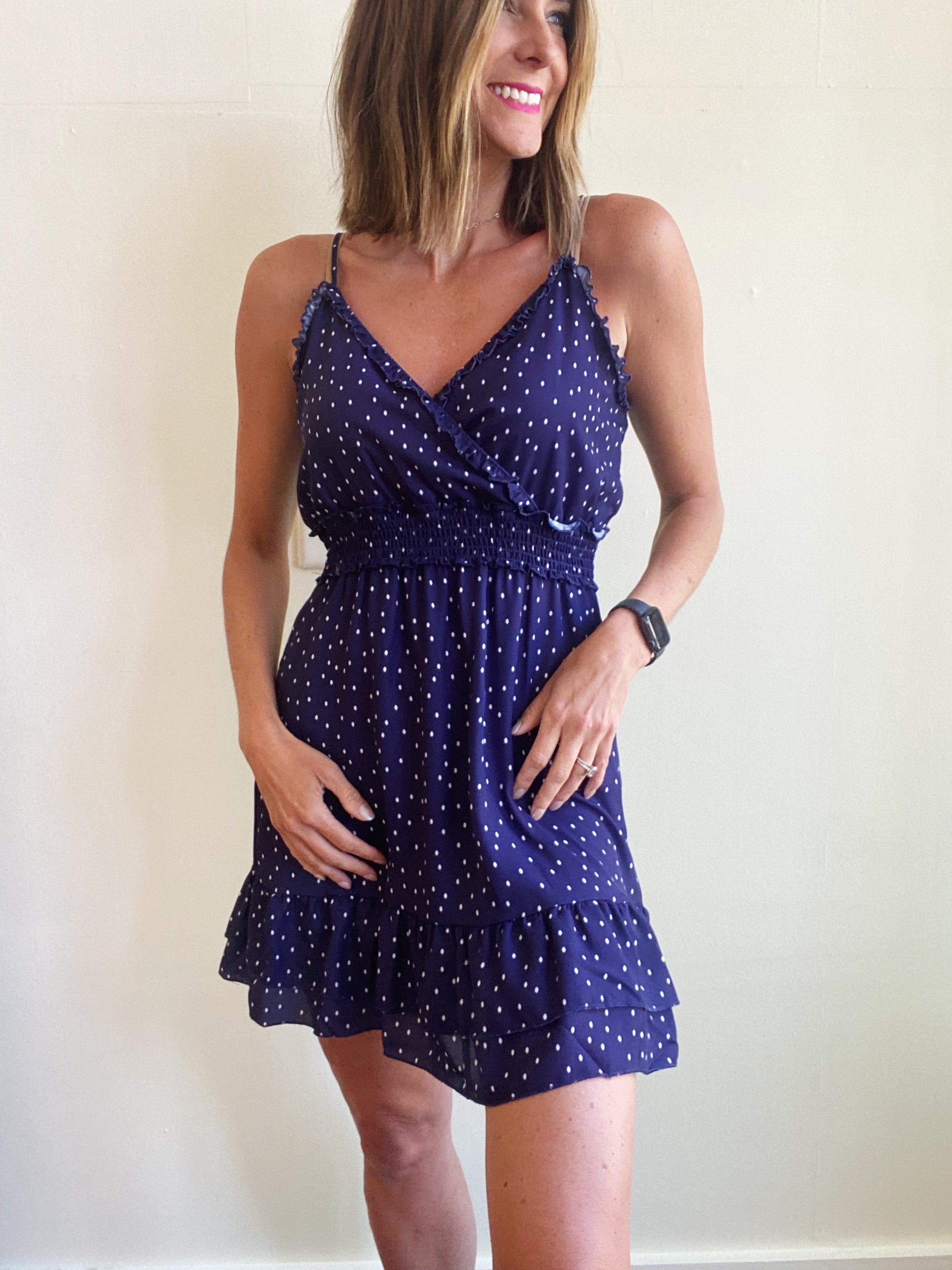 Navy Polka Dot Wrap Dress